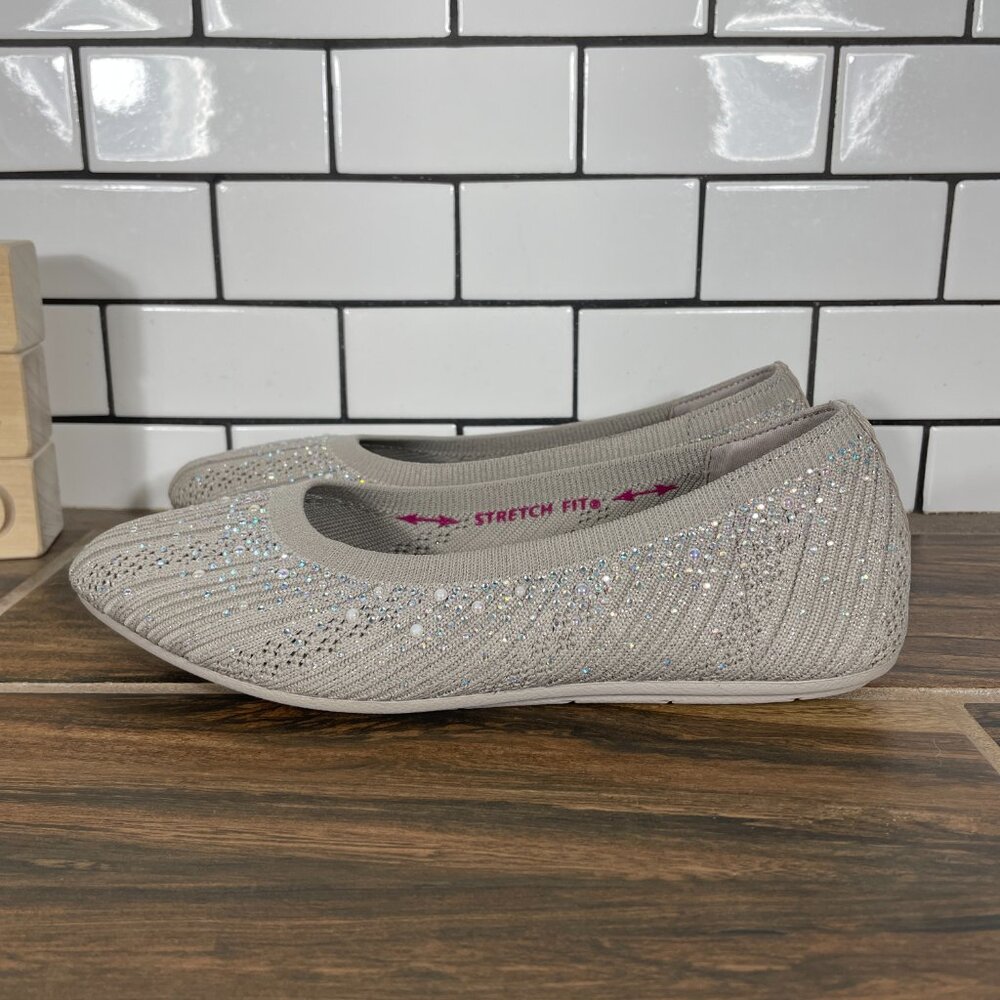 Skechers Cleo 2.0 Glitzy Daze Shoes Womens 6.5 Taupe Knit Rhinestone Pearl Flat